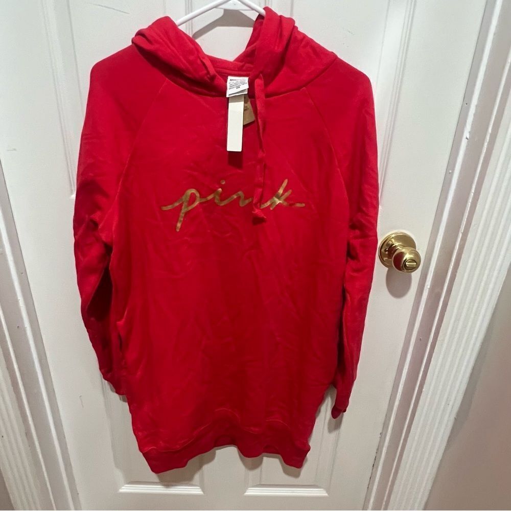 NWT Victoria's Secret PINK Fleece HOODIE Sweatshirt Dress Red‎  xs oversized